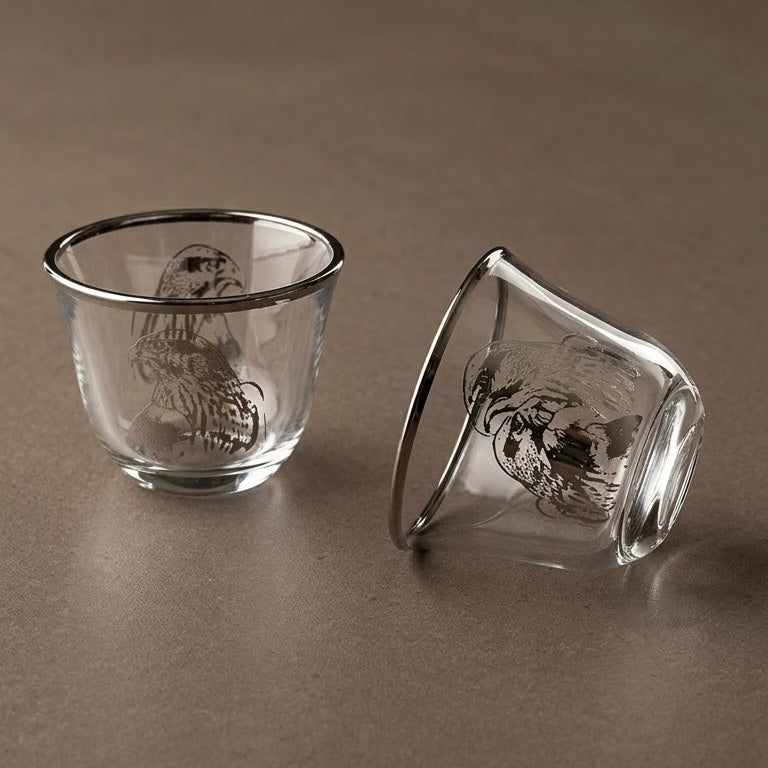 Falcon Motif Glass Arabic Coffee Cup Set with Silver Trim (6 Pieces)
