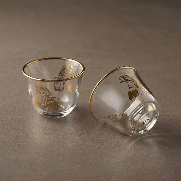 Falcon Motif Glass Arabic Coffee Cup Set with Gold Trim (6 Pieces)