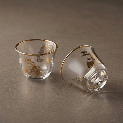 Falcon Motif Glass Arabic Coffee Cup Set with Gold Trim (6 Pieces)