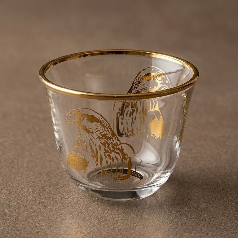 Falcon Motif Glass Arabic Coffee Cup Set with Gold Trim (6 Pieces)