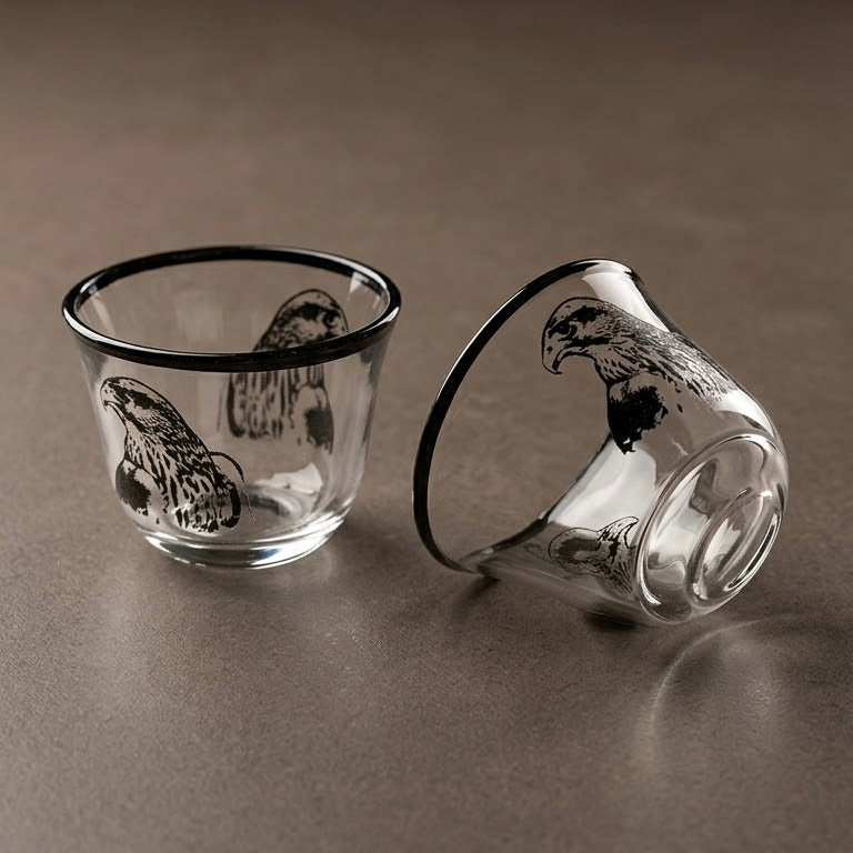 Falcon Motif Glass Arabic Coffee Cup Set with Black Trim (6 Pieces)