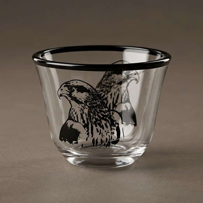 Falcon Motif Glass Arabic Coffee Cup Set with Black Trim (6 Pieces)