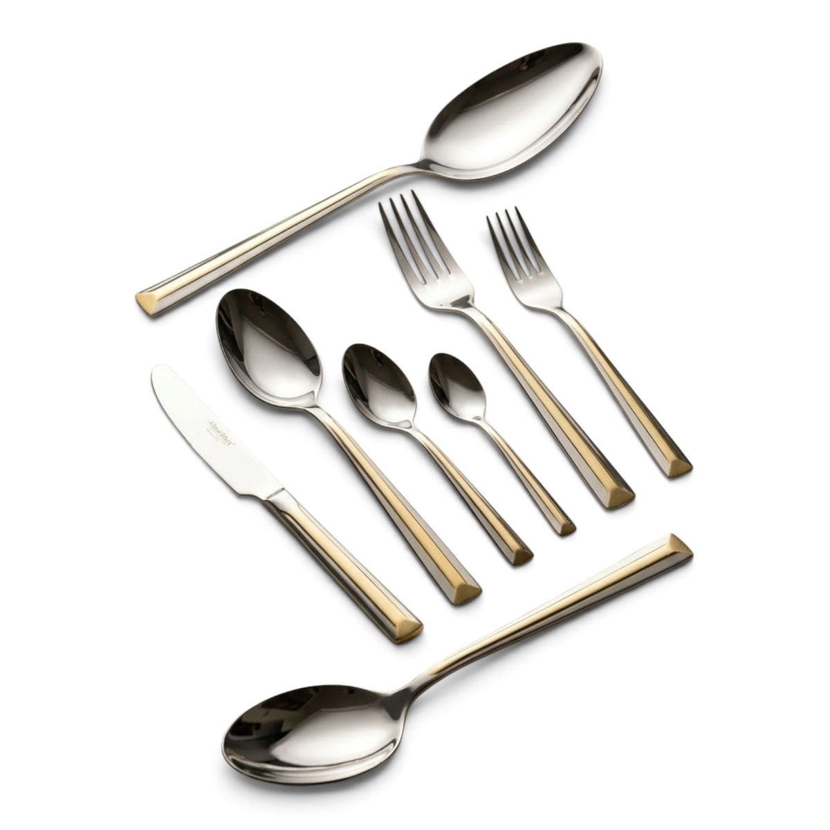 Alpen Berg Premium 38-Piece Silverware Set with Display Stand – Modern Silver & Gold Trim Flatware