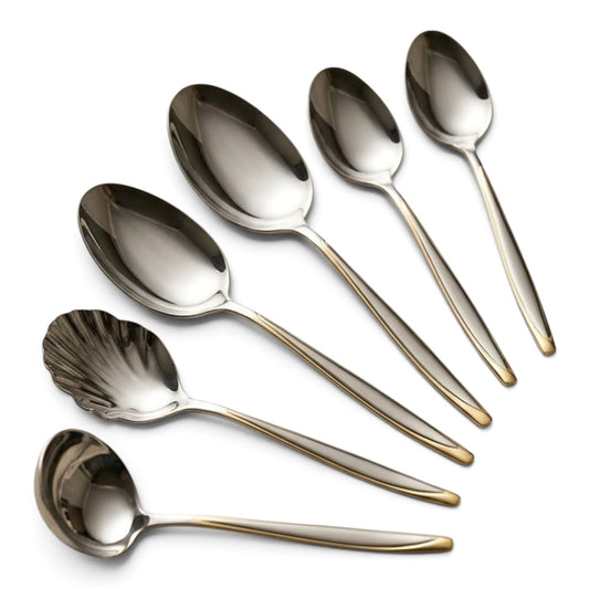 Alpen Berg Luxury Two-Tone Stainless Steel Serving & Hostess Set (6 Pcs) with Stand – Silver & Gold Trim
