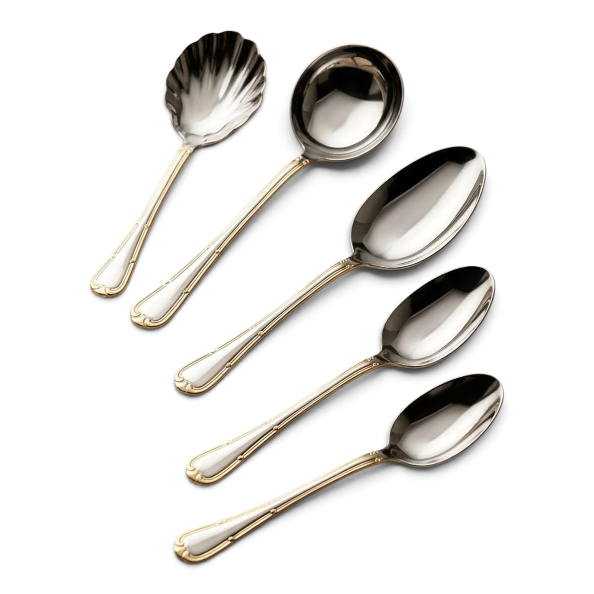 Alpen Berg Premium (6) Piece Serving Utensil Set with Display Stand – Silver with Gold Details