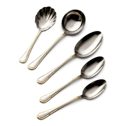 Alpen Berg Premium (6) Piece Serving Utensil Set with Display Stand – Silver with Gold Details