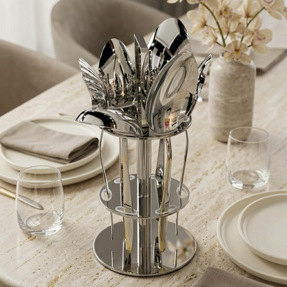 Alpen Berg Luxury Two-Tone Stainless Steel Serving & Hostess Set (6 Pcs) with Stand – Silver & Gold Trim