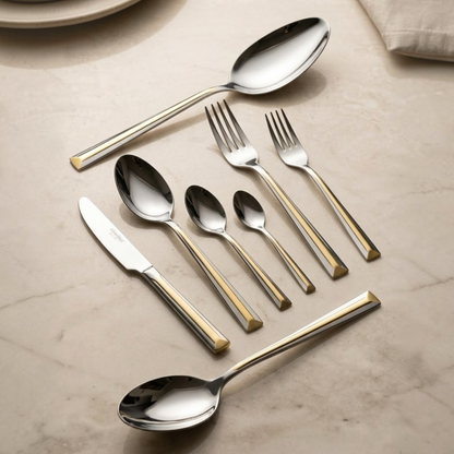 Alpen Berg Premium 38-Piece Silverware Set with Display Stand – Modern Silver & Gold Trim Flatware
