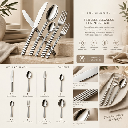 Alpen Berg Luxury Stainless Steel Cutlery Set (38 Pcs) with Stand – Ribbed Handle Design