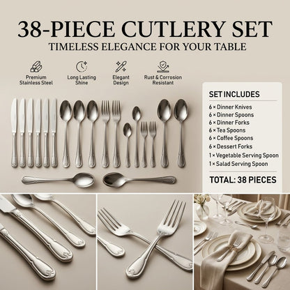 Alpen Berg Luxury Stainless Steel Cutlery Set (38 Pcs) with Stand – Classic Scalloped Handle Design