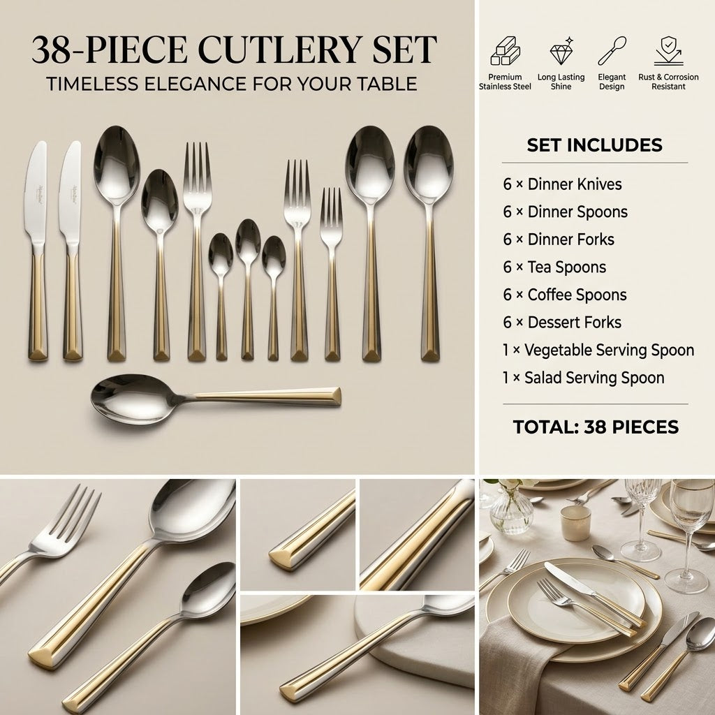 Alpen Berg Premium 38-Piece Silverware Set with Display Stand – Modern Silver & Gold Trim Flatware