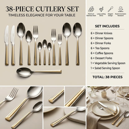 Alpen Berg Premium 38-Piece Silverware Set with Display Stand – Modern Silver & Gold Trim Flatware