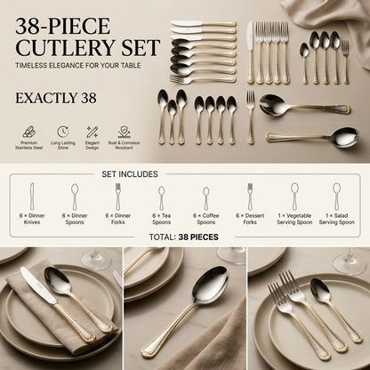 4000157413209Alpen Berg Premium 38-Piece Silverware Set with Display Stand – Silver with Gold Trim