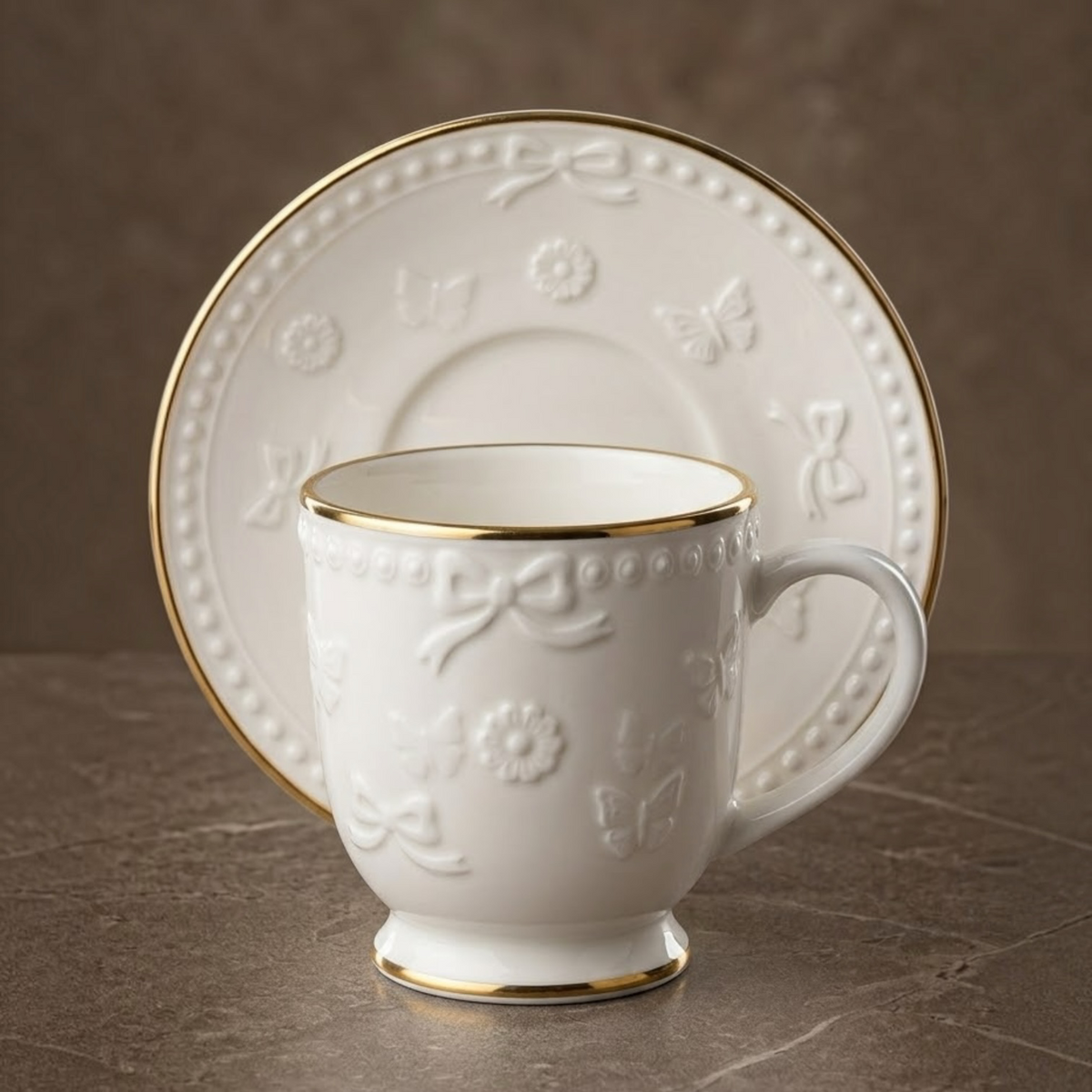 Embossed Porcelain Coffee Cup and Saucer Set with Gold Trim (6-Person Set)