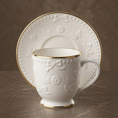 Embossed Porcelain Coffee Cup and Saucer Set with Gold Trim (6-Person Set)