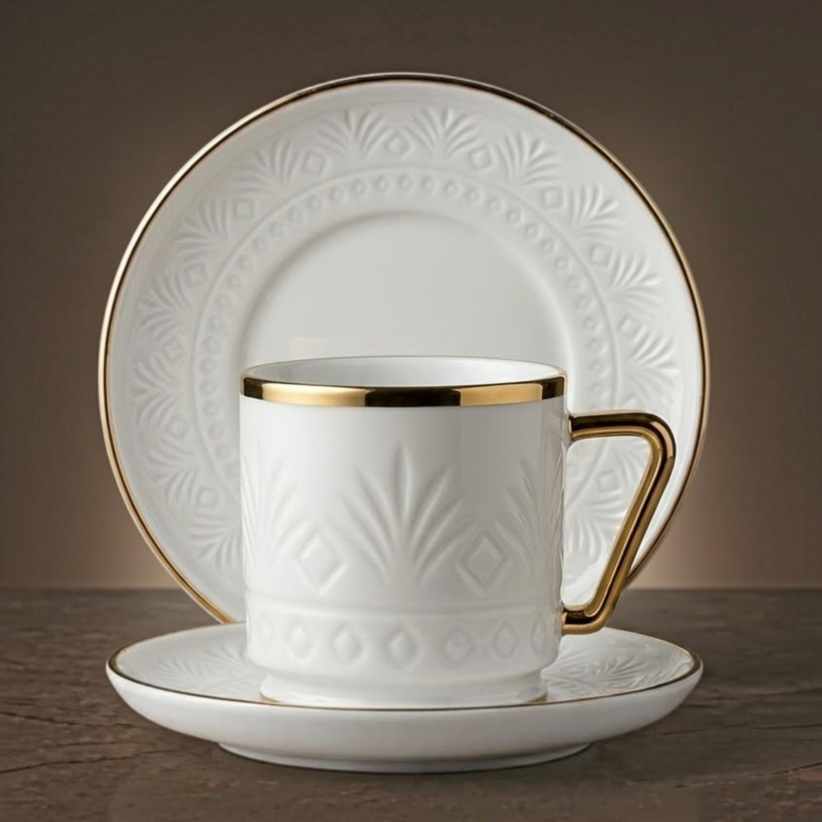 Embossed Porcelain Coffee Cup and Saucer Set with Gold Handles (6-Person Set)