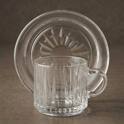 Fluted Glass Coffee Cup and Saucer Set (12 Pieces / 6 Cups & 6 Saucers) – 4 oz