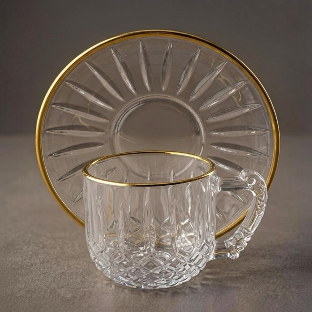 6-Piece Gold-Trimmed Crystal Coffee Cup and Saucer Set (Diamond Pattern)