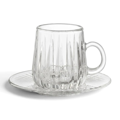Vertical Ribbed Clear Glass Tea Set with Matching Saucers – 6 Person Set
