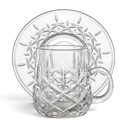 Diamond-Patterned Clear Glass Tea Set with Matching Saucers – 6 Person Set