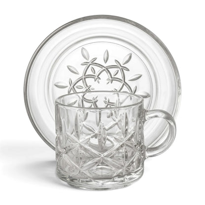 Diamond-Patterned Clear Glass Coffee Set with Matching Saucers – 6 Person Set (4 oz)