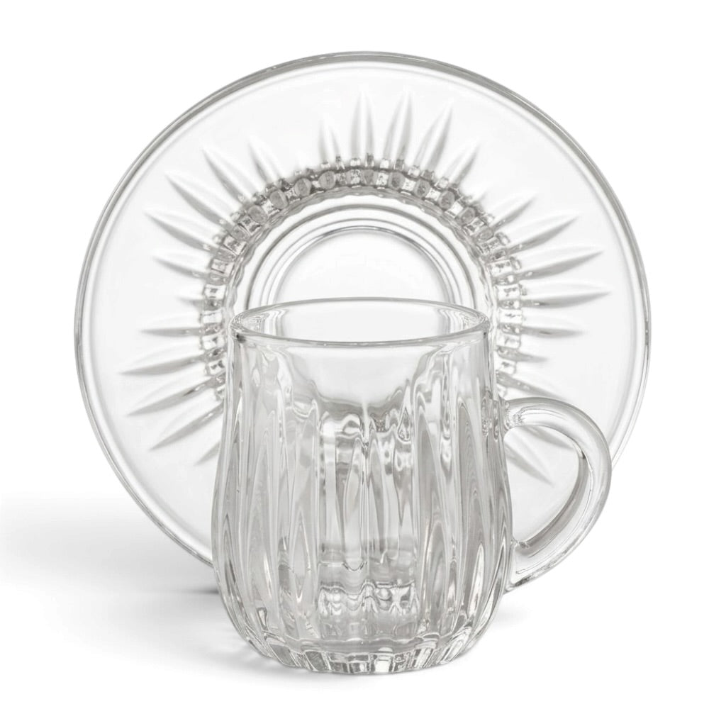 Fluted Glass Coffee Cup and Saucer Set (12 Pieces / 6 Cups & 6 Saucers) – 3 oz