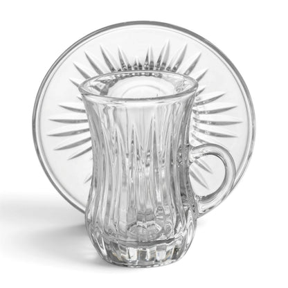 Fluted Glass Istikan and Saucer Set (12 Pieces / 6 Cups & 6 Saucers with Handles)