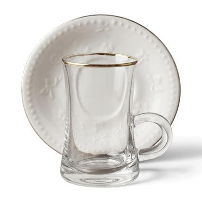 Luxury Istikan Tea Set with Gold Edge – 6 Clear Cups & 6 Embossed White Saucers