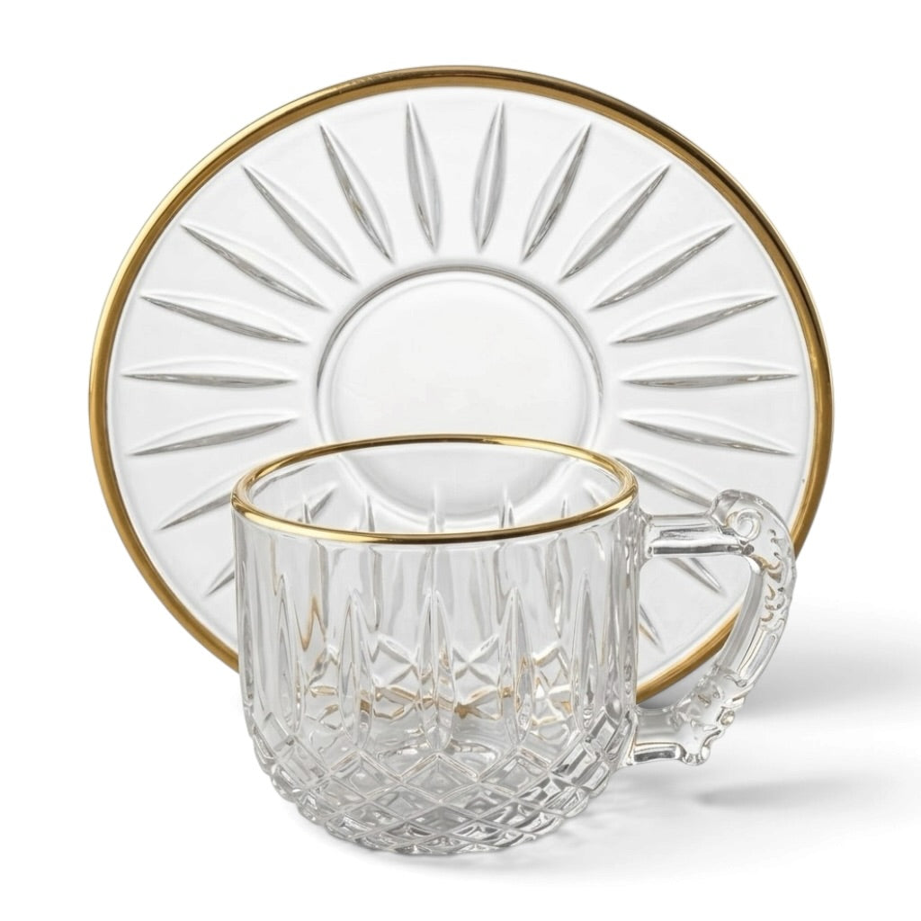6-Piece Gold-Trimmed Crystal Coffee Cup and Saucer Set (Diamond Pattern)