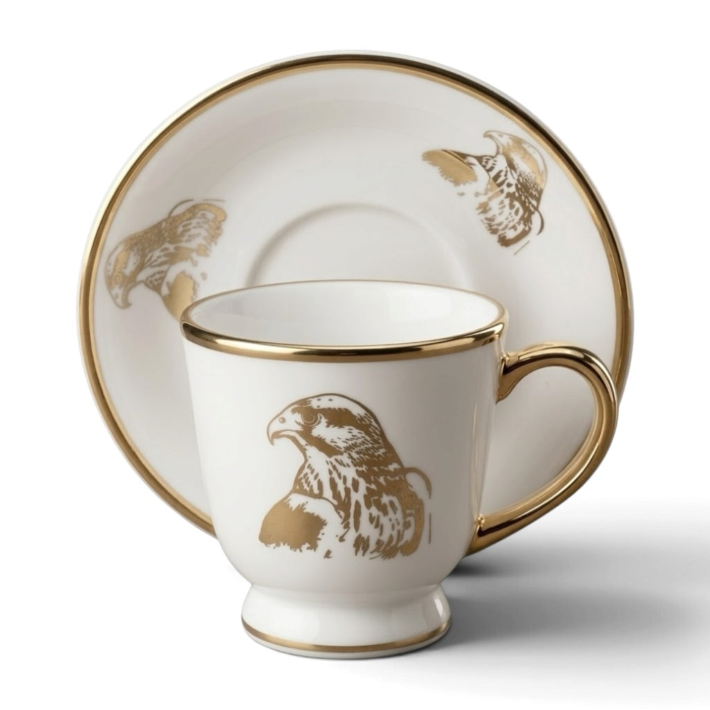 Falcon Motif Porcelain Coffee Cup and Saucer Set with Gold Trim (6-Person Set)