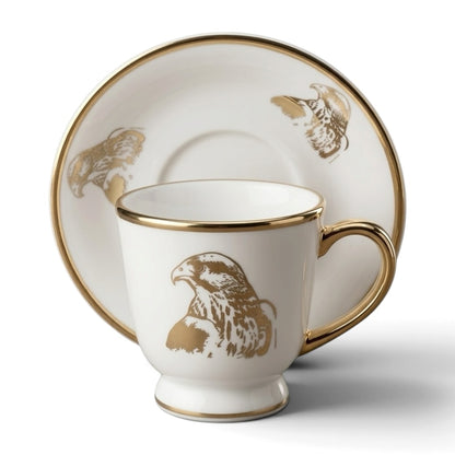 Falcon Motif Porcelain Coffee Cup and Saucer Set with Gold Trim (6-Person Set)