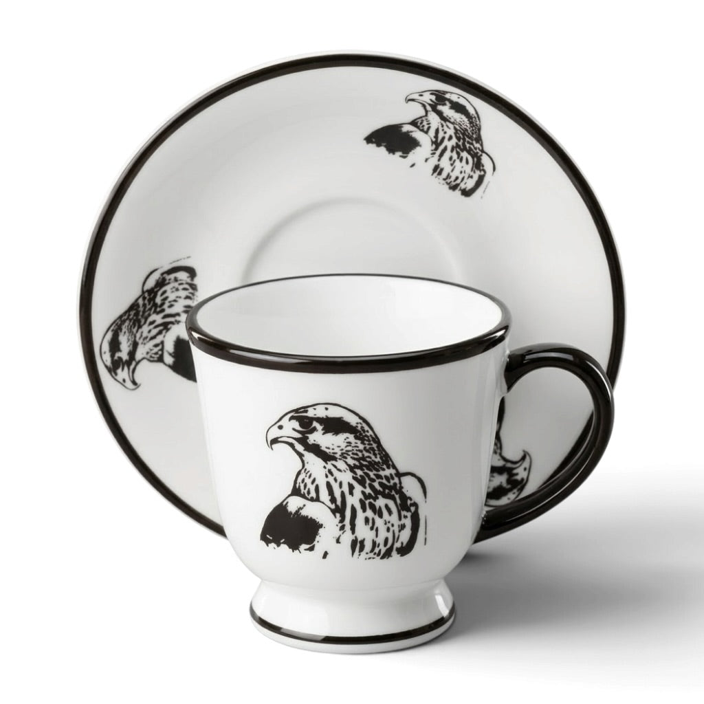Falcon Motif Porcelain Coffee Cup and Saucer Set with Black Trim (6-Person Set)
