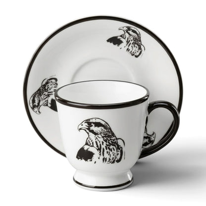 Falcon Motif Porcelain Coffee Cup and Saucer Set with Black Trim (6-Person Set)