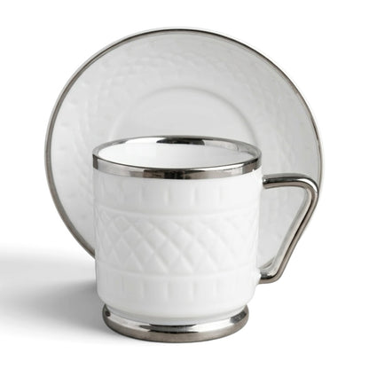 Embossed Porcelain Coffee Cup and Saucer Set with Silver Handles (6-Person Set)