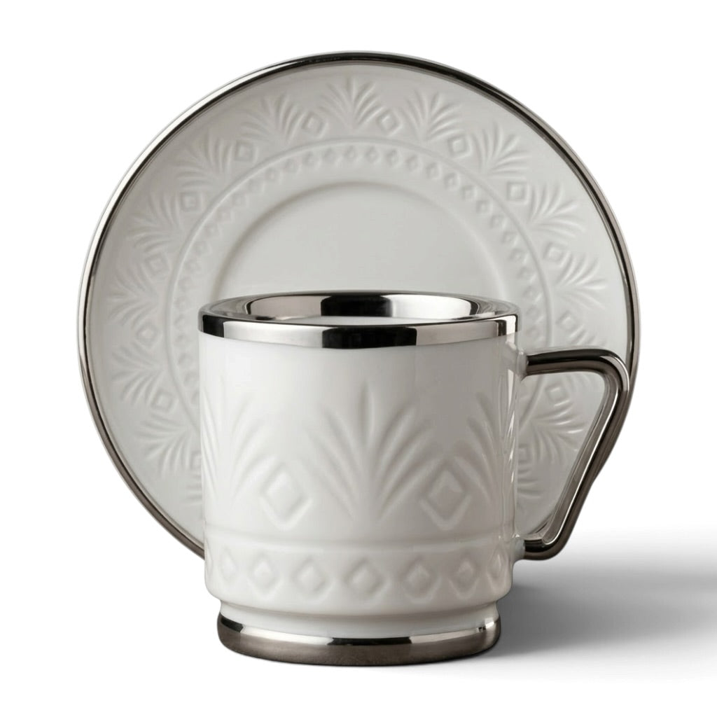Luxury Relief-Patterned Porcelain Coffee Cup with Silver Accents (6-Person Set)