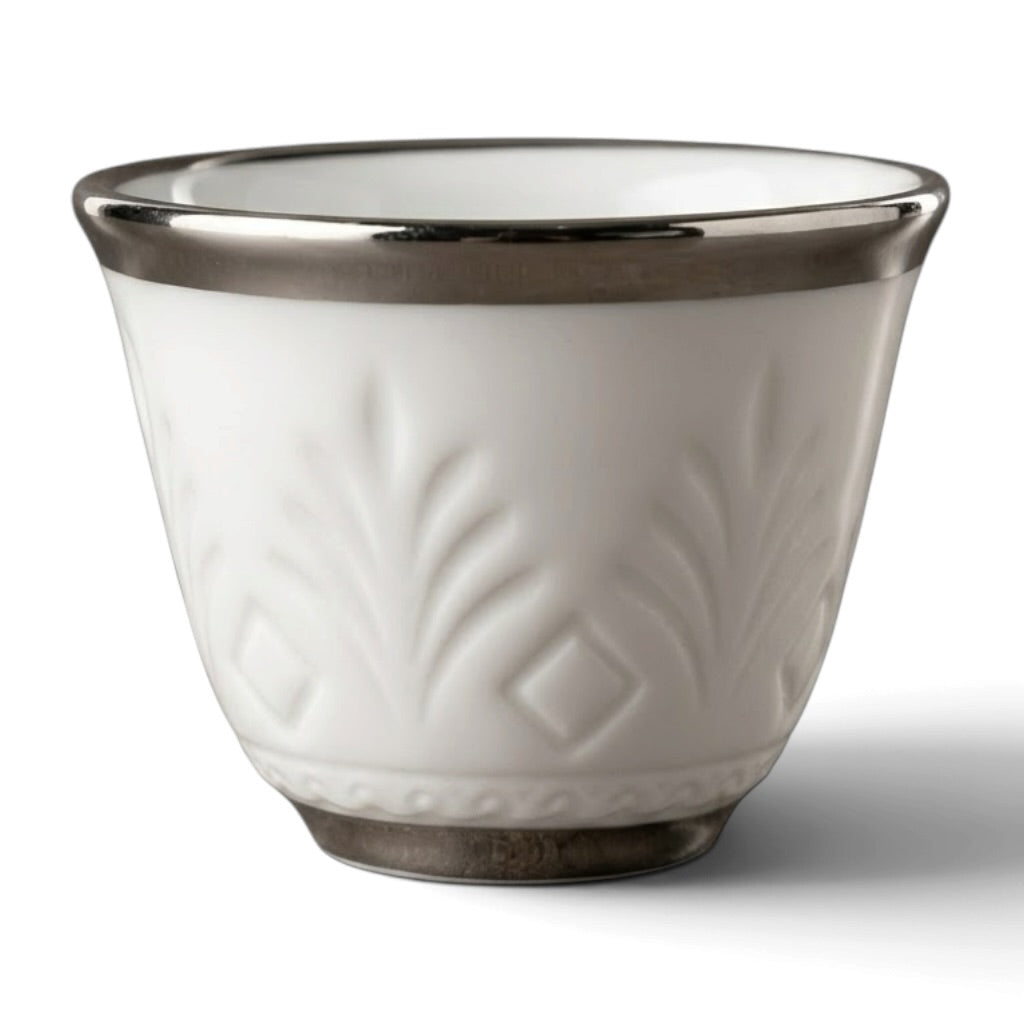 Luxury Palm Frond Relief-Patterned Porcelain Finjan with Silver Accents (12 Pcs)