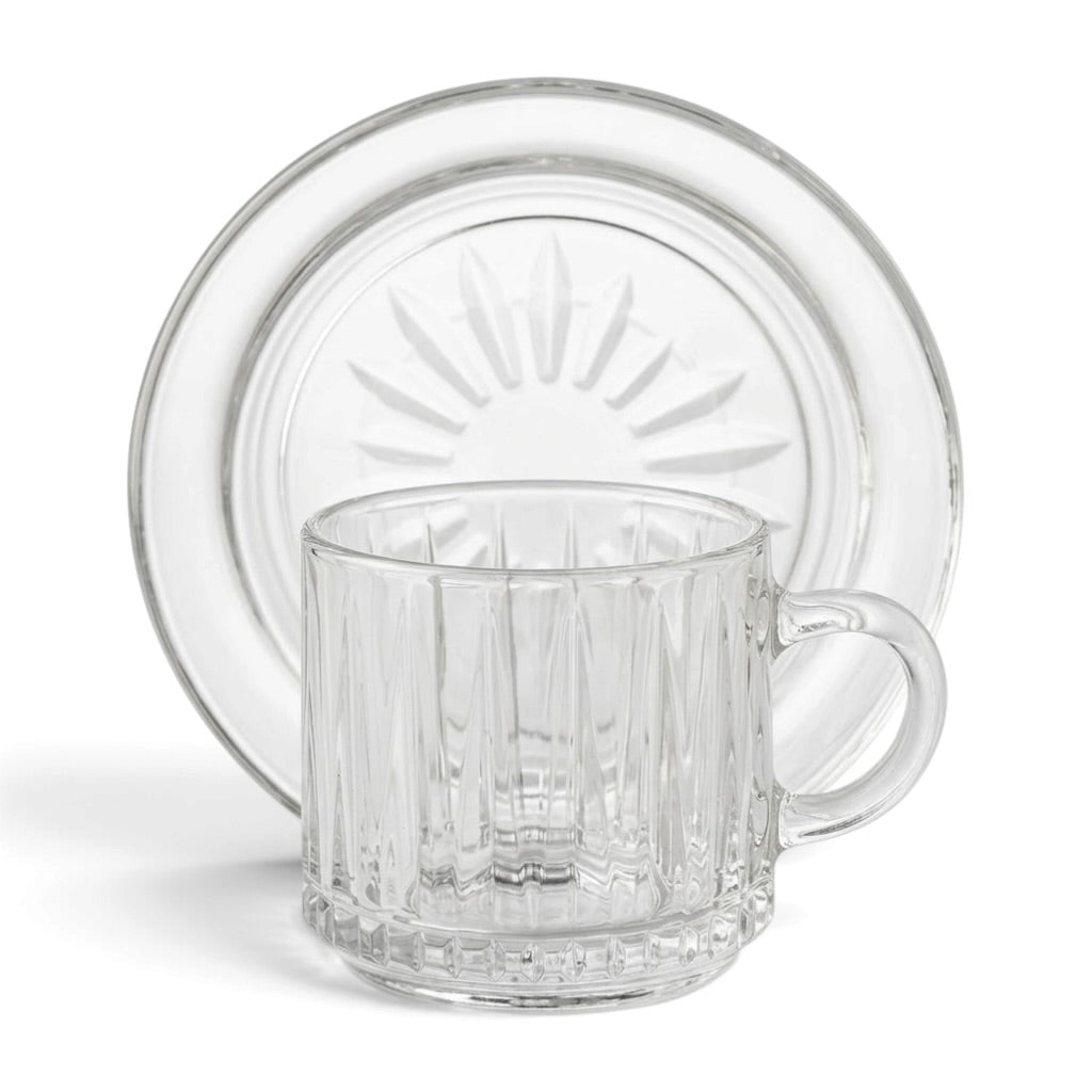 Fluted Glass Coffee Cup and Saucer Set (12 Pieces / 6 Cups & 6 Saucers) – 4 oz