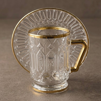 Clear Glass Estikan Set – Geometric Relief Design with Gold Rims (6-Person Set)