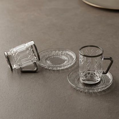 Clear Glass Estikan Set – Geometric Relief Design with Silver Rims (6-Person Set)
