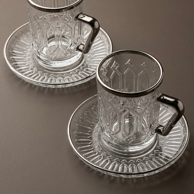 Clear Glass Estikan Set – Geometric Relief Design with Silver Rims (6-Person Set)