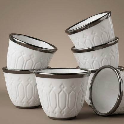 Cawa White Ceramic Arabic Cups – Geometric Relief Design with Silver Edge (12-Pieces)