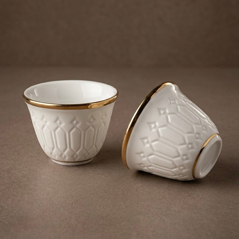 Cawa White Ceramic Arabic Cups – Geometric Relief Design with Gold Edge (12-Pieces)