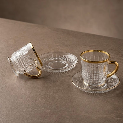 Luxury Relief-Patterned Glass Coffee Collection with Gilded Gold Accents (6-Person Set)