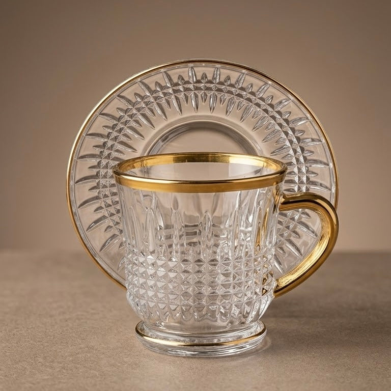 Luxury Relief-Patterned Glass Coffee Collection with Gilded Gold Accents (6-Person Set)