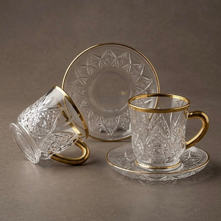 Clear Glass Espresso Set – Cut Crystal Relief Design with Gold Rims (6-Person Set)