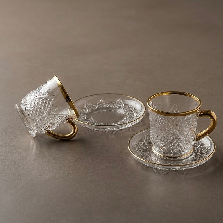 Clear Glass Espresso Set – Cut Crystal Relief Design with Gold Rims (6-Person Set)