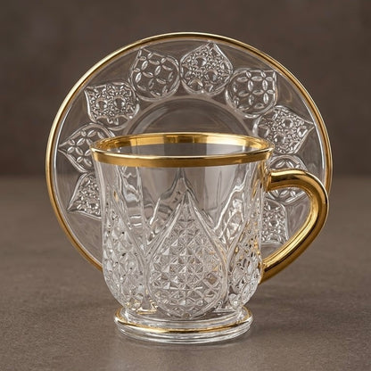 Clear Glass Espresso Set – Cut Crystal Relief Design with Gold Rims (6-Person Set)