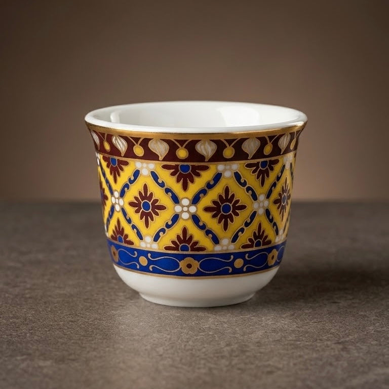 Thai Porcelain Arabic Coffee Cup Set with Traditional Patterns (12 Pieces / Finjans)