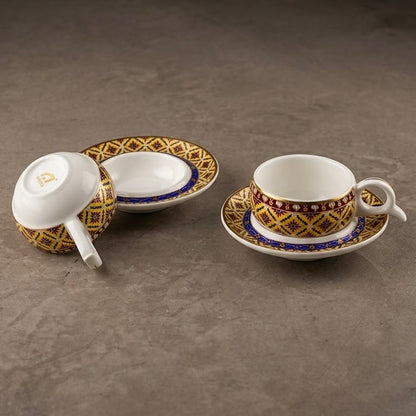 Thai Porcelain Coffee Cup and Saucer Set with Traditional Patterns (6-Person Set)