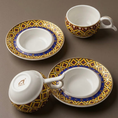 Thai Porcelain Coffee Cup and Saucer Set with Traditional Patterns (6-Person Set)